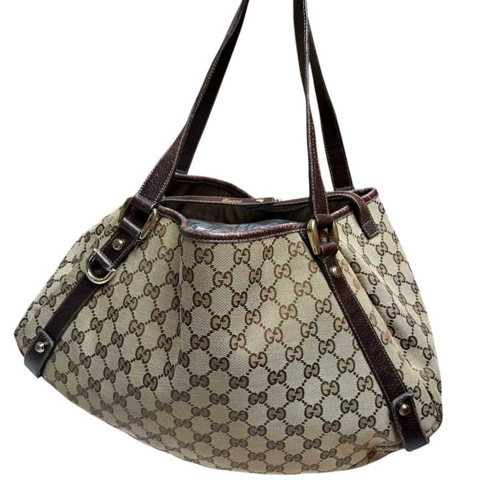 Gucci GG Canvas Brown Leather Trim Shoulder Tote Bag Gold-tone Hardware